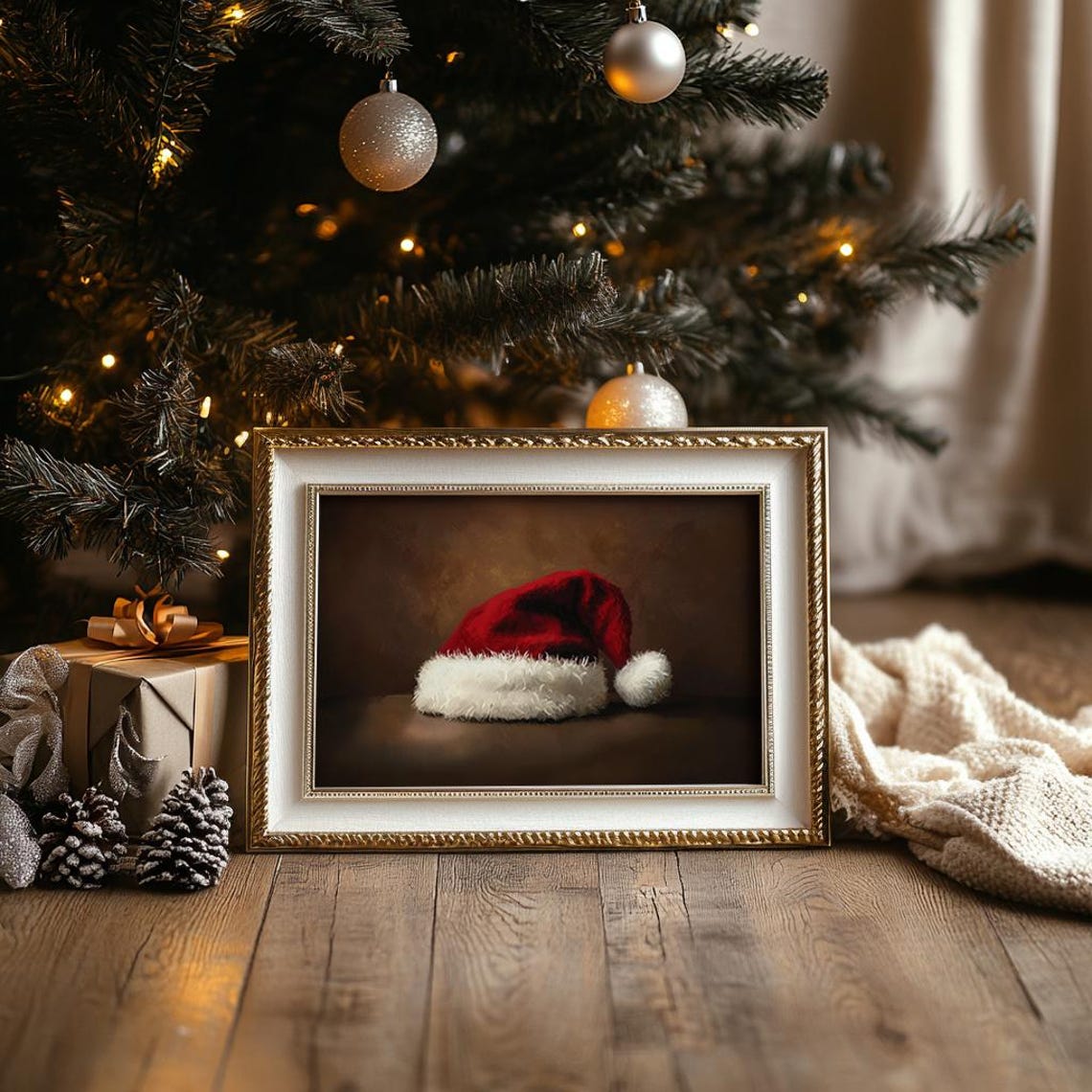 Vintage Santa Hat Oil Painting Red Fur Trimmed Rustic Poster - Image 3