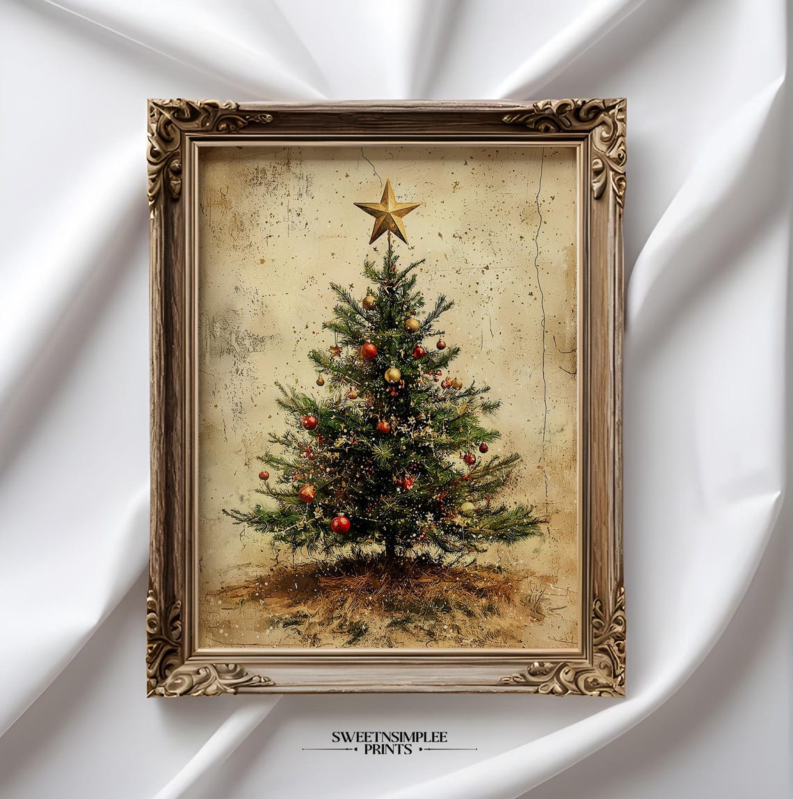 Vintage Christmas Tree With Gold Star Topper Rustic Holiday Poster - Image 2