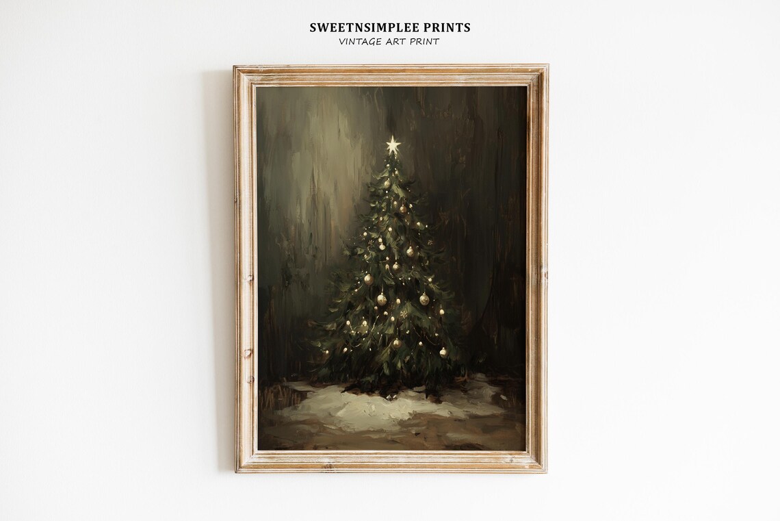 Moody Dark Christmas Tree With Gold Ornaments Oil Painting Poster - Image 2