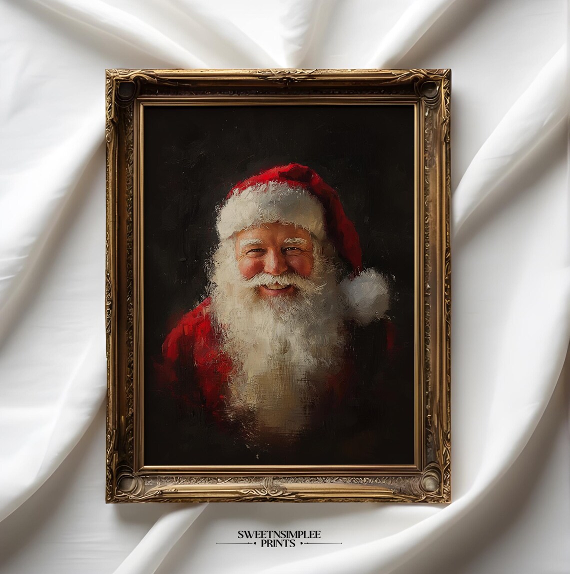 Smiling Santa Portrait Poster Dark Background Vintage Christmas Painting