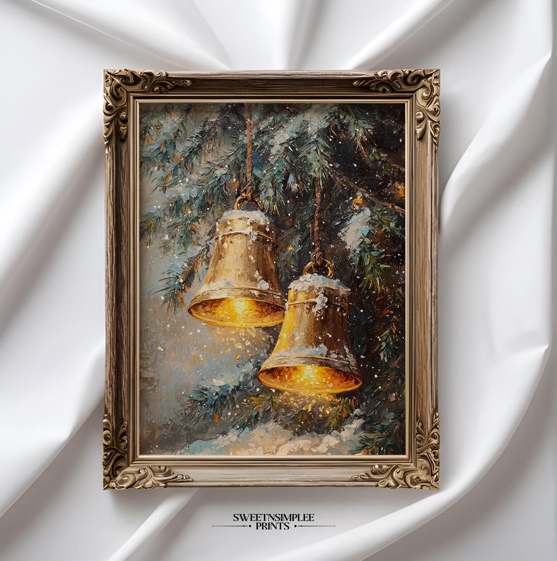 Two Glowing Golden Bells on Snowy Branch Vintage Christmas Poster - Image 2