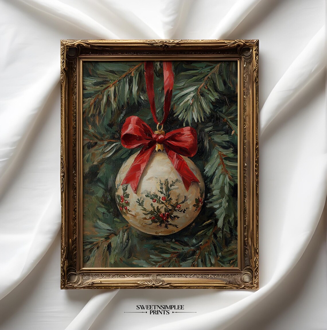 Vintage Christmas Ornament With Red Bow on Evergreen Branch Poster - Image 2