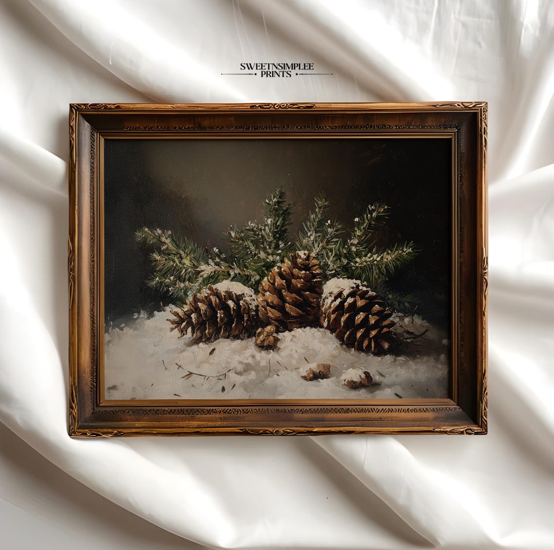 Frosted Pinecones With Snow on Dark Background Winter Poster