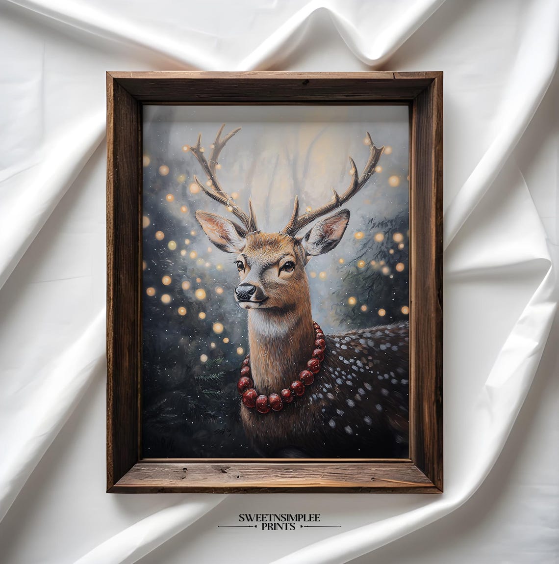 Winter Deer with Berry Necklace Poster Snowy Forest Holiday Decor - Image 2