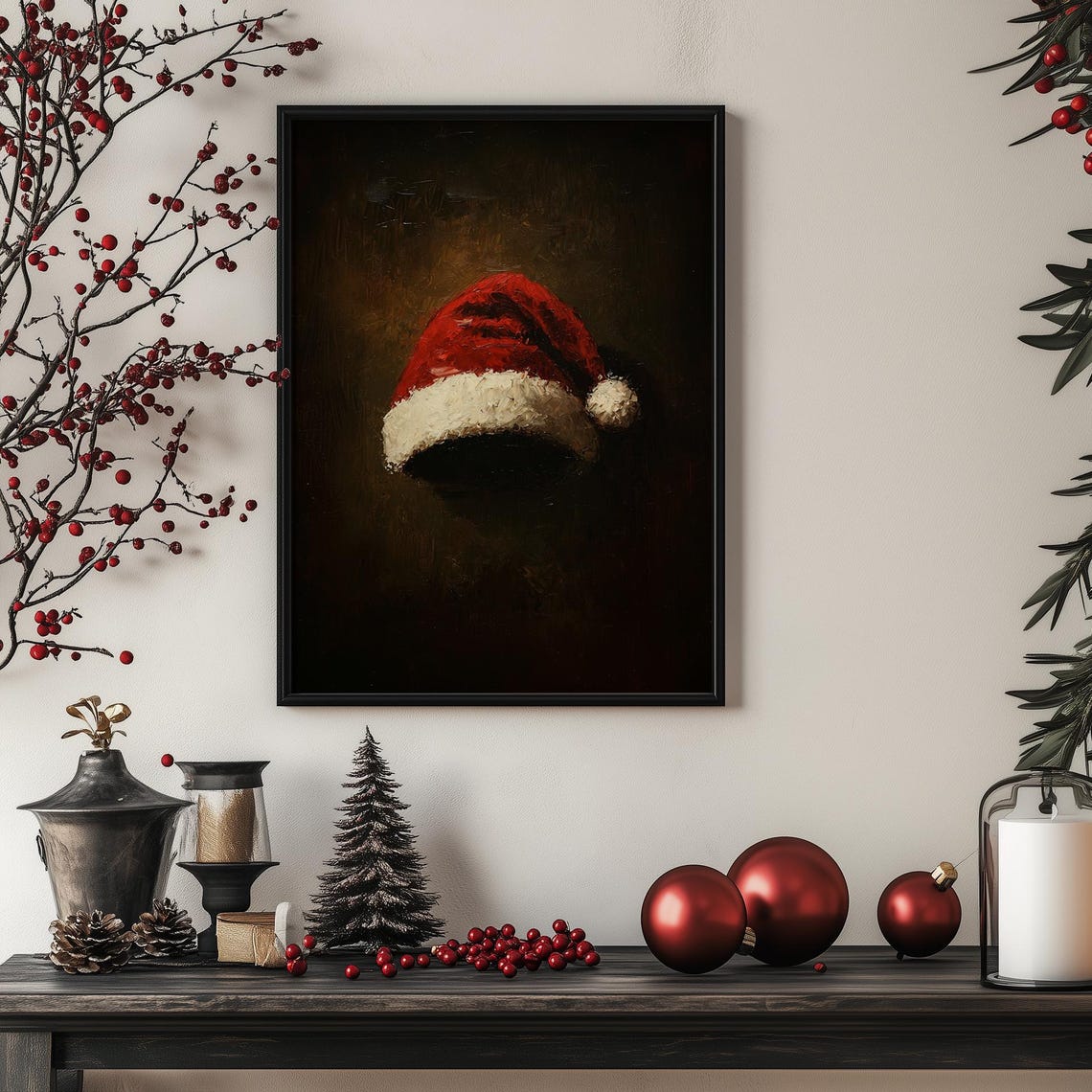 Vintage Red Santa Hat Still Life on Dark Background Christmas Poster - Image 3