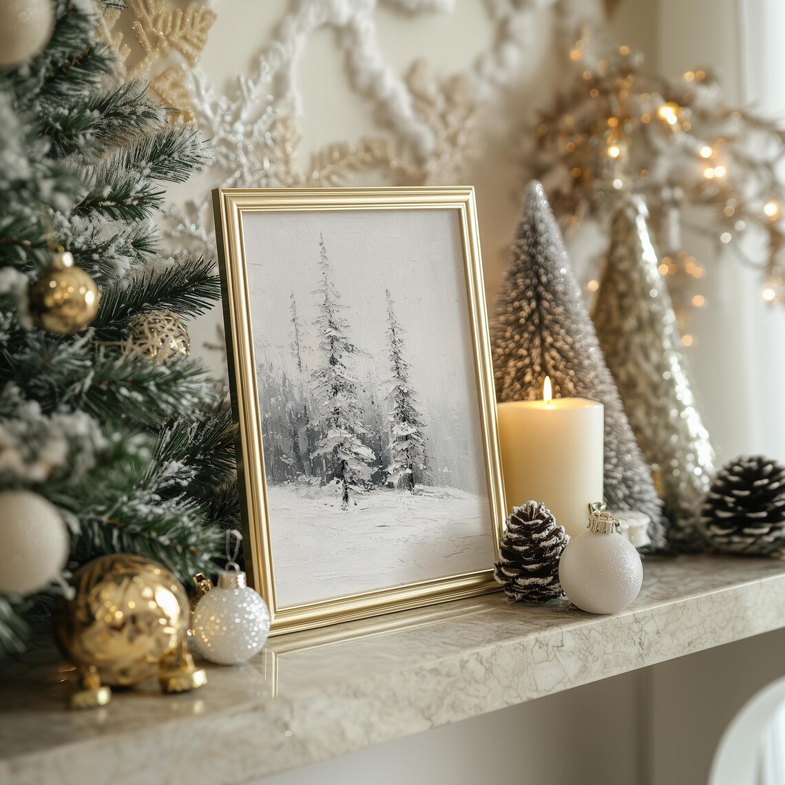 Monochrome Snowy Pines Poster Minimal White Winter Landscape Artwork - Image 3