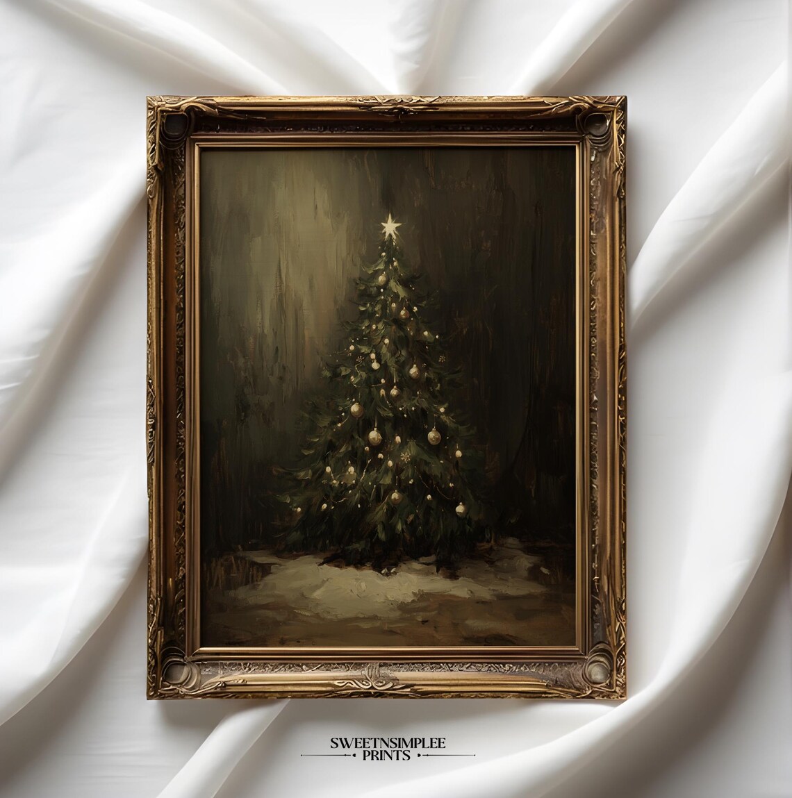 Moody Dark Christmas Tree With Gold Ornaments Oil Painting Poster