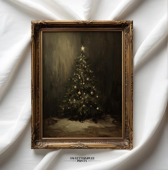 Vintage Christmas Tree Print Moody Antique Holiday Decor Winter Evergreen Tree Painting Wall Art 477