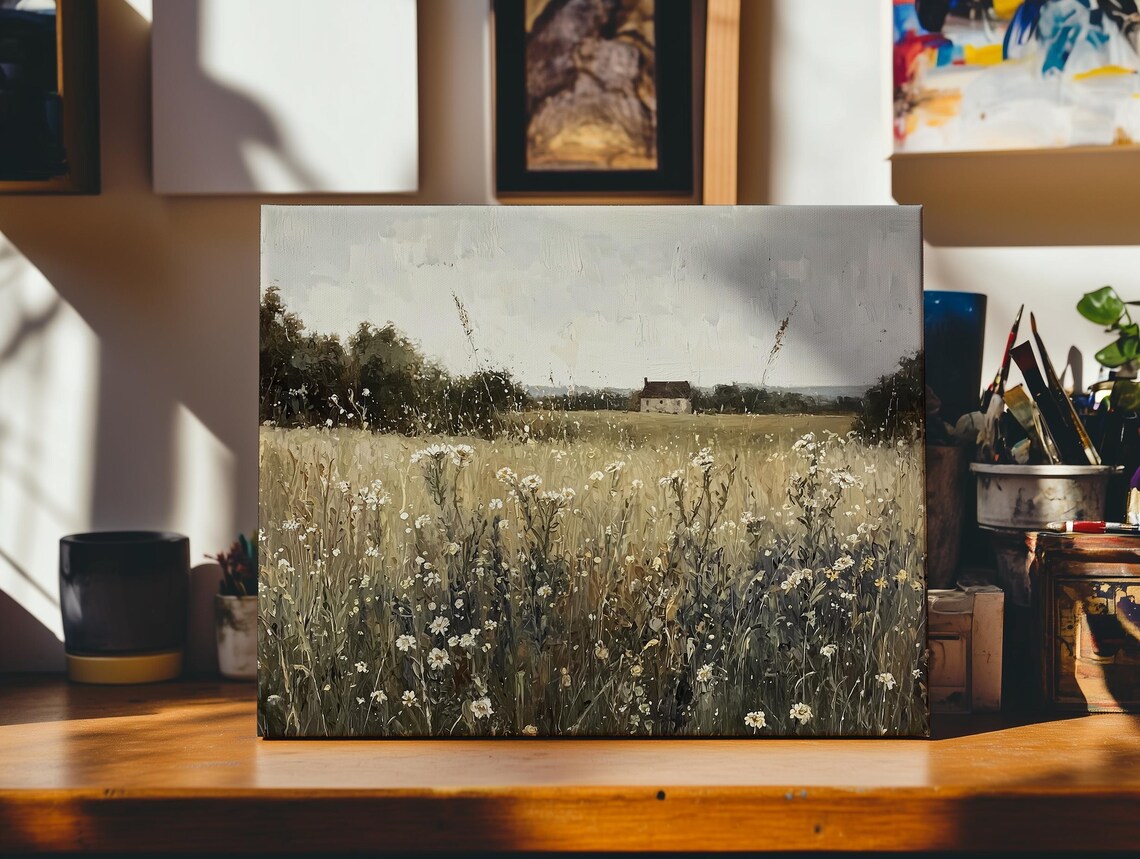 Wildflower Field Landscape Distant Farmhouse Autumn Meadow Scene Wall Art - Image 2