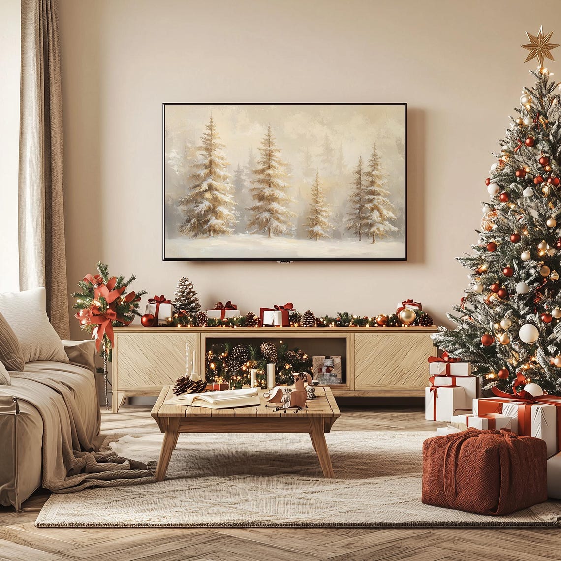 Golden Christmas Trees Snowy Pines Warm Neutral Winter Forest Wall Art - Image 3