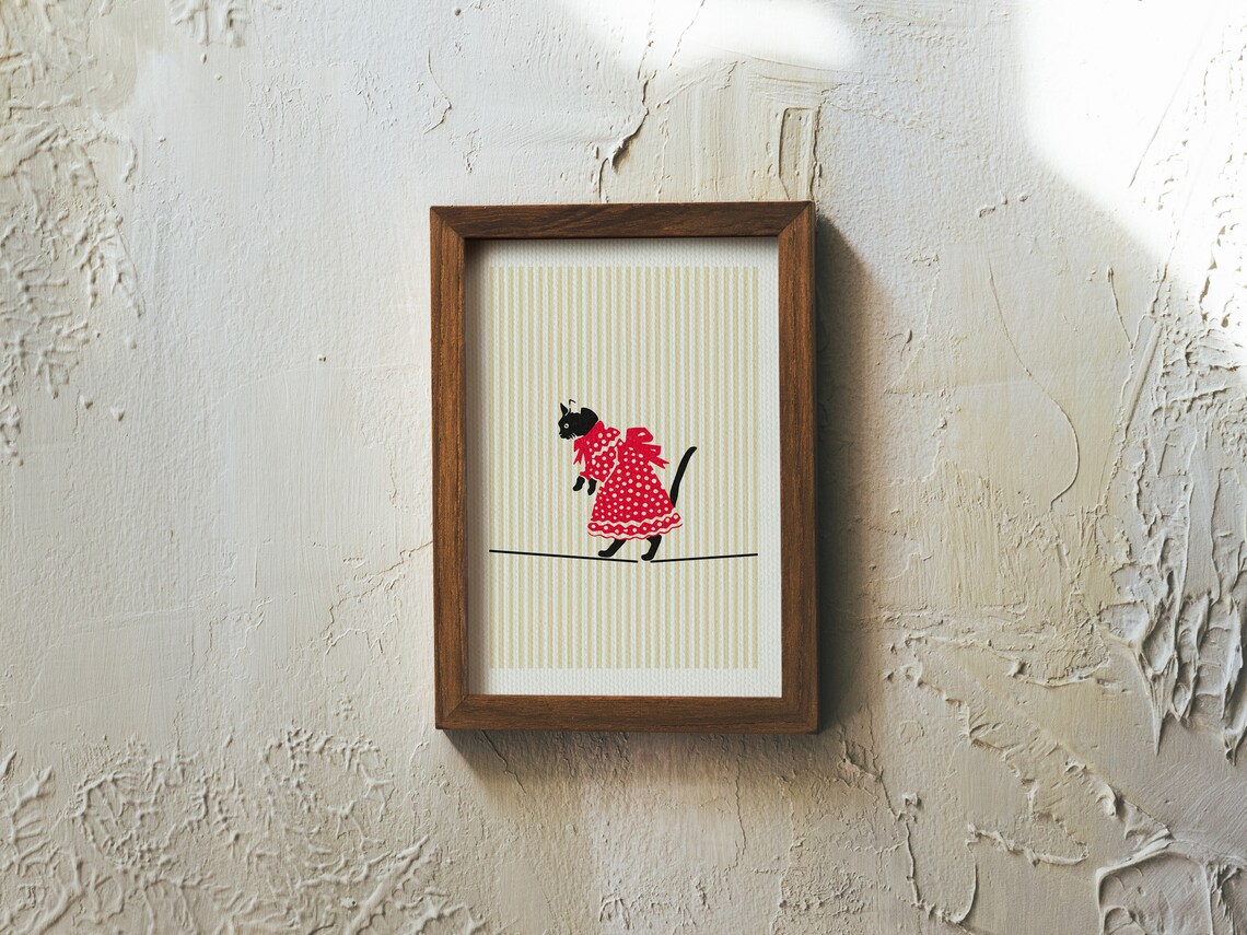 Black Cat Red Polka Dot Dress Striped Retro Animal Art Poster - Image 3