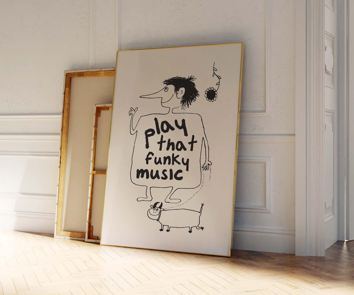 Play That Funky Music Quirky Ink Line Drawing Poster Whimsical Art - Image 2