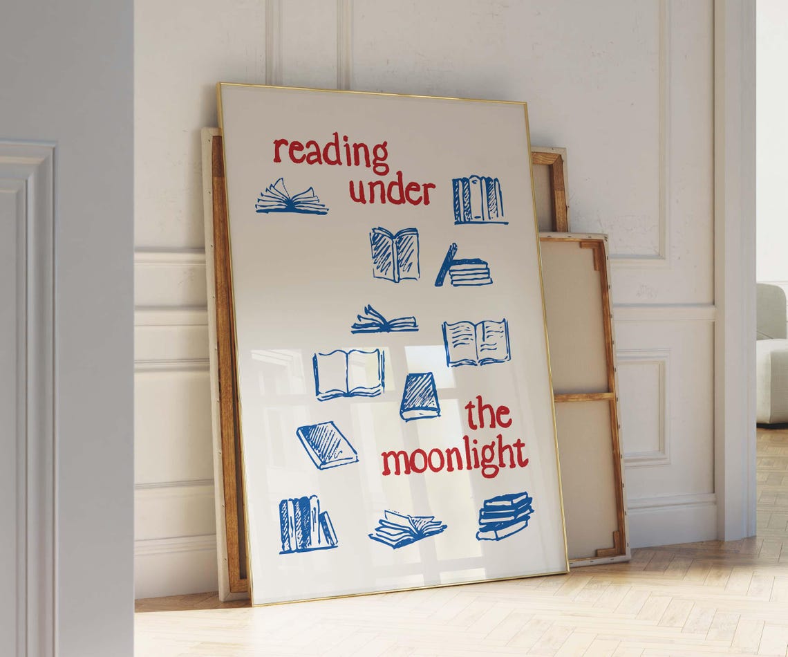 Reading Under The Moonlight Blue Books Sketch Cozy Library Art Poster - Image 3
