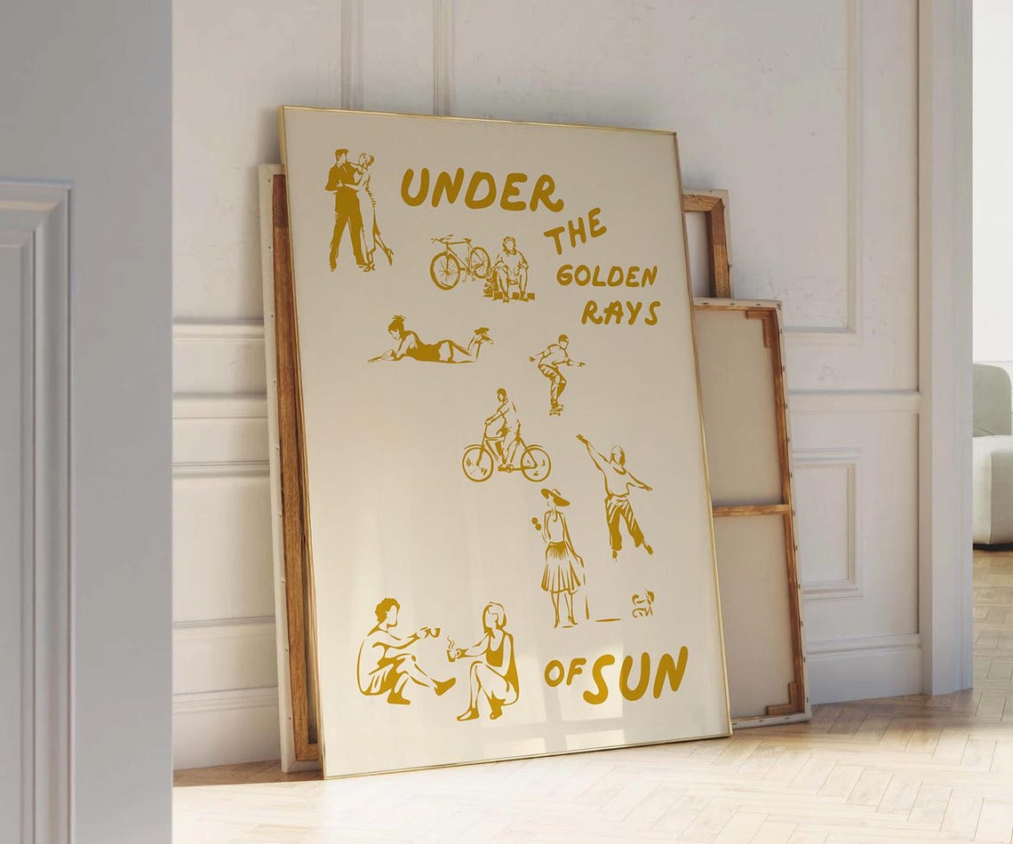 Under The Golden Rays Of Sun Yellow Retro Illustration Art Poster