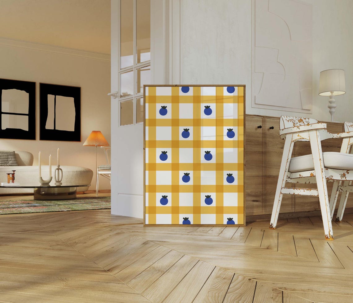 Yellow Gingham Blueberry Fruit Pattern Kitchen Wall Decor Poster Art - Image 3