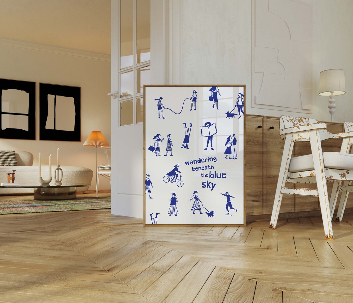 Whimsical Wandering Beneath The Blue Sky Blue Doodle People Art Print - Image 2