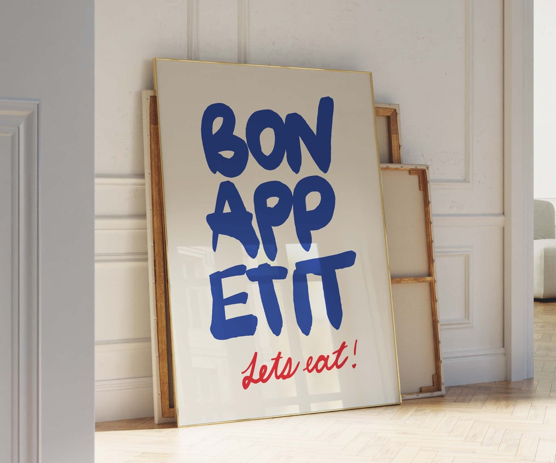 Bon Appetit Lets Eat Bold Blue Typography Kitchen Dining Poster