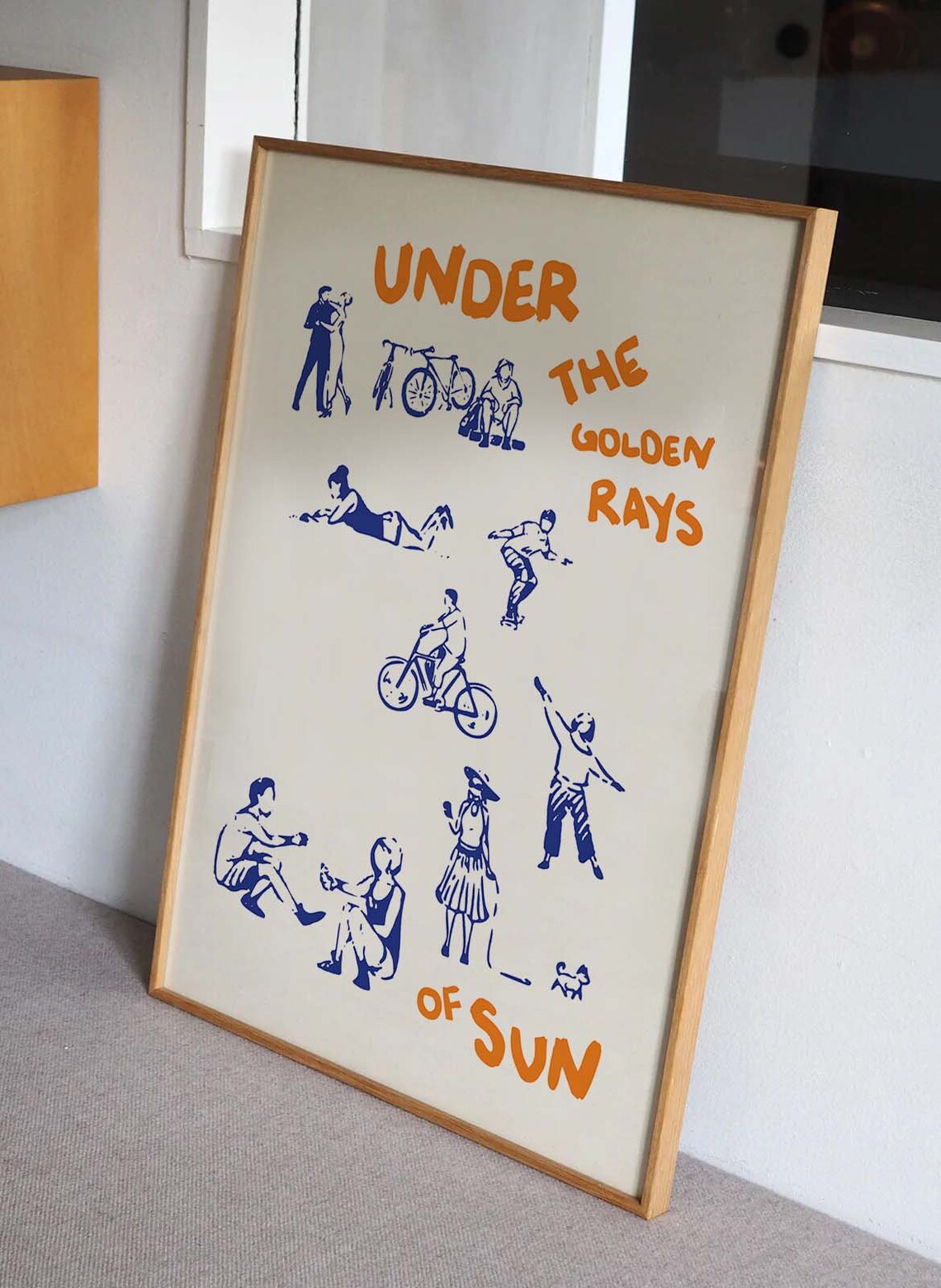 Under The Golden Rays Of Sun Orange Text Blue Figures Summer Art Poster - Image 2