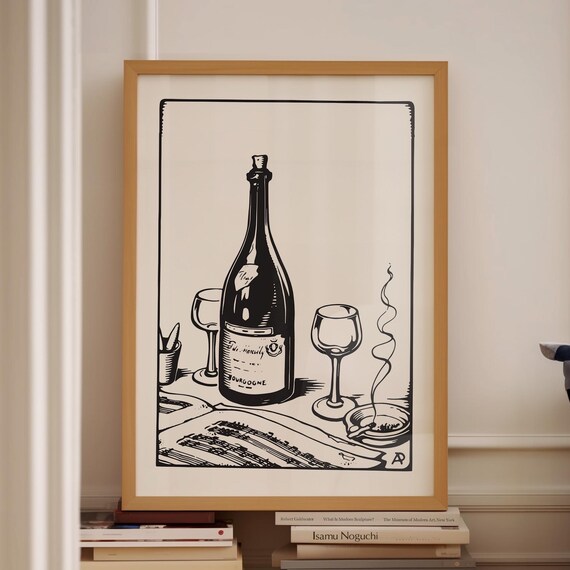 Vintage Wine Bottle Bourgogne Still Life Line Art Poster Wall Decor