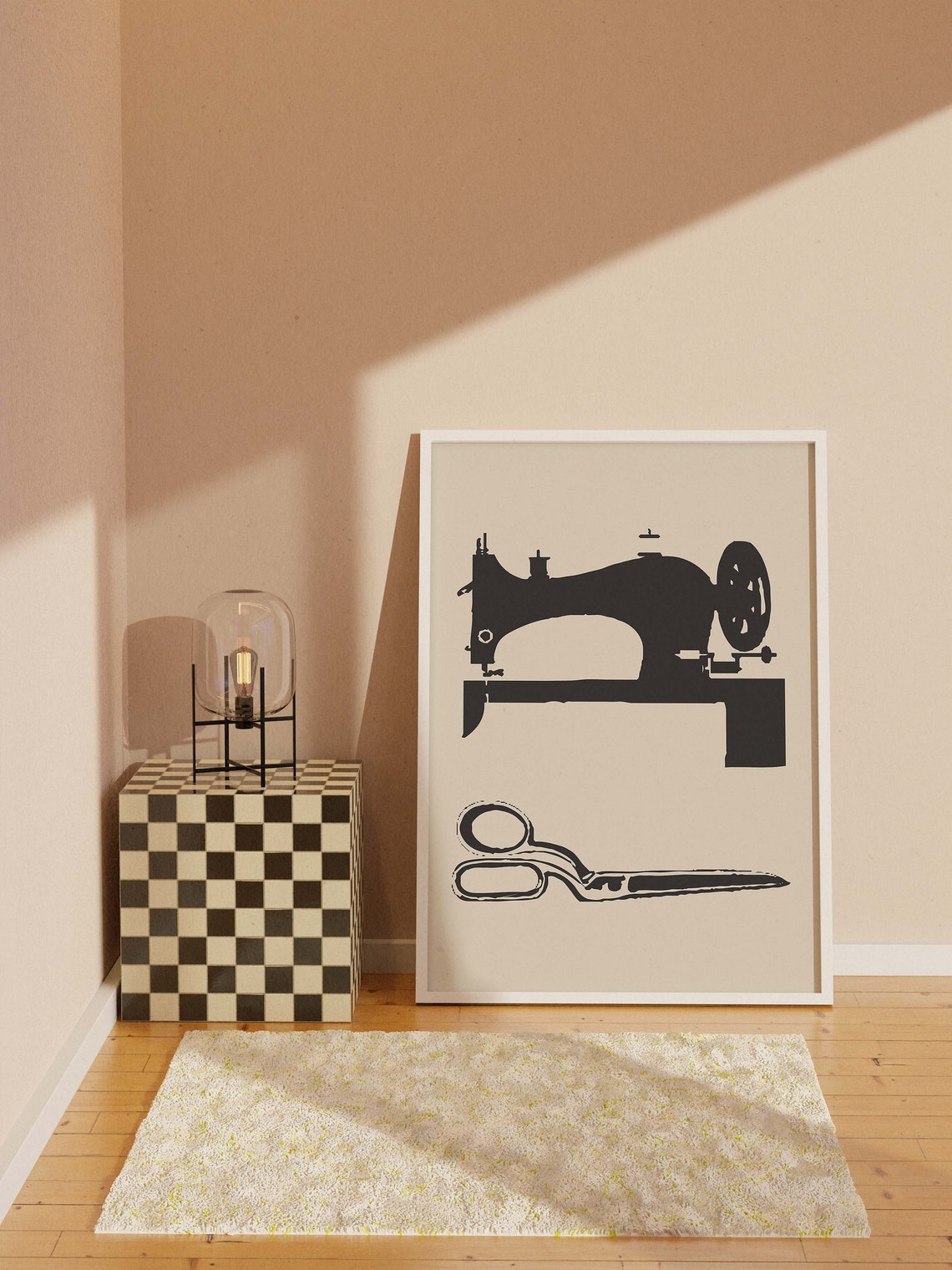 Black Beige Sewing Machine Scissors Craft Room Poster Wall Decor Art - Image 2