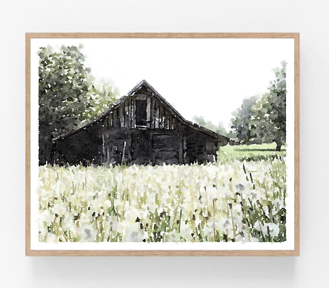 Old Barn Landscape Watercolor Print, Farmhouse Decor