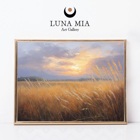 Golden Sunset Prairie Grass Print Rustic Farmhouse Landscape
