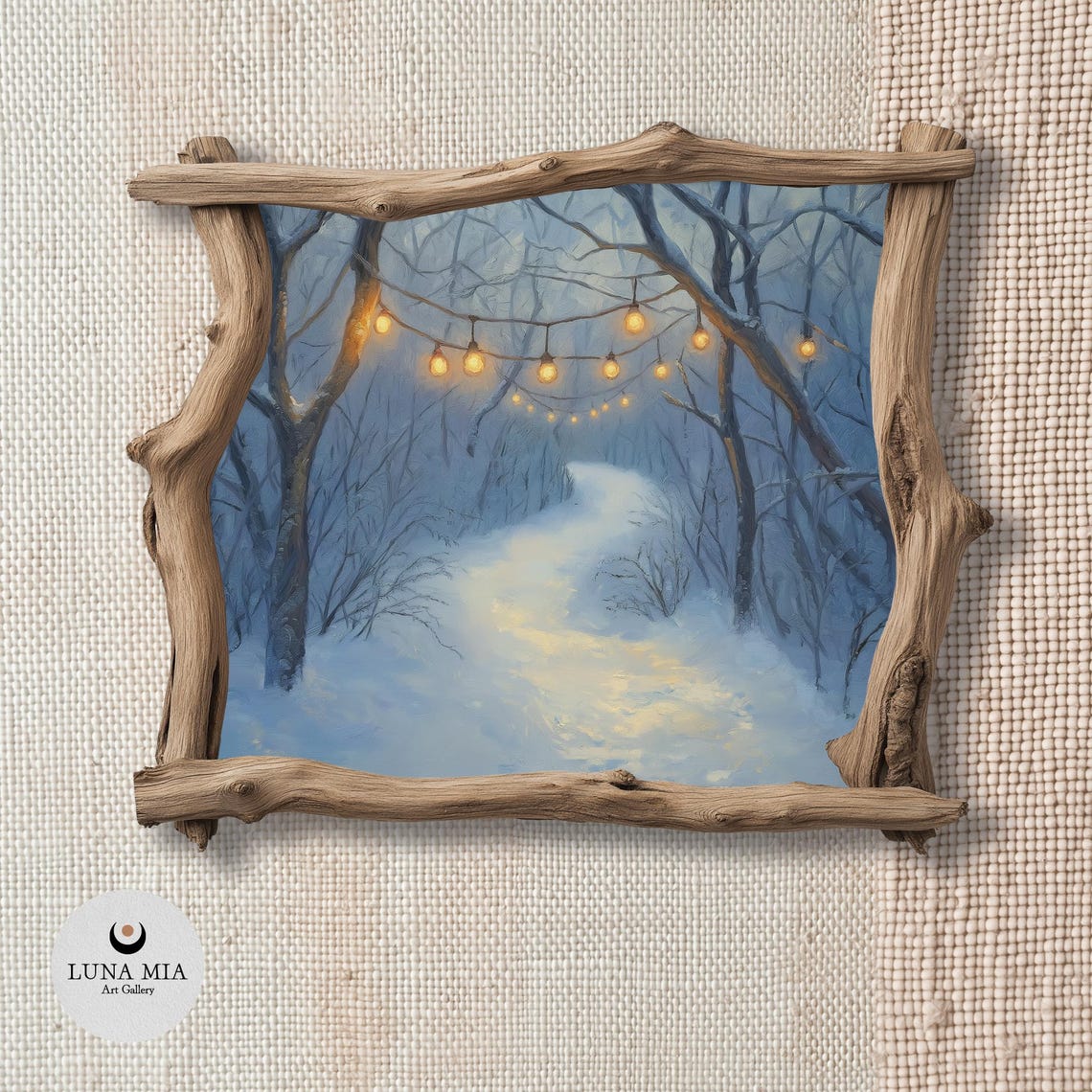 Snowy Forest Path with String Lights Enchanting Winter Night Poster - Image 2