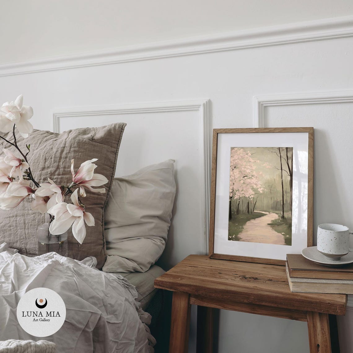 Forest Path With Pink Blossoming Trees In Soft Green Gray Hues Poster - Image 2