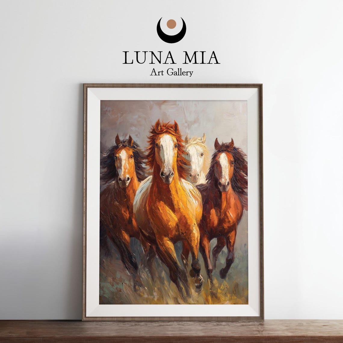 Four Galloping Chestnut Horses Dynamic Oil Painting Equine Art Poster