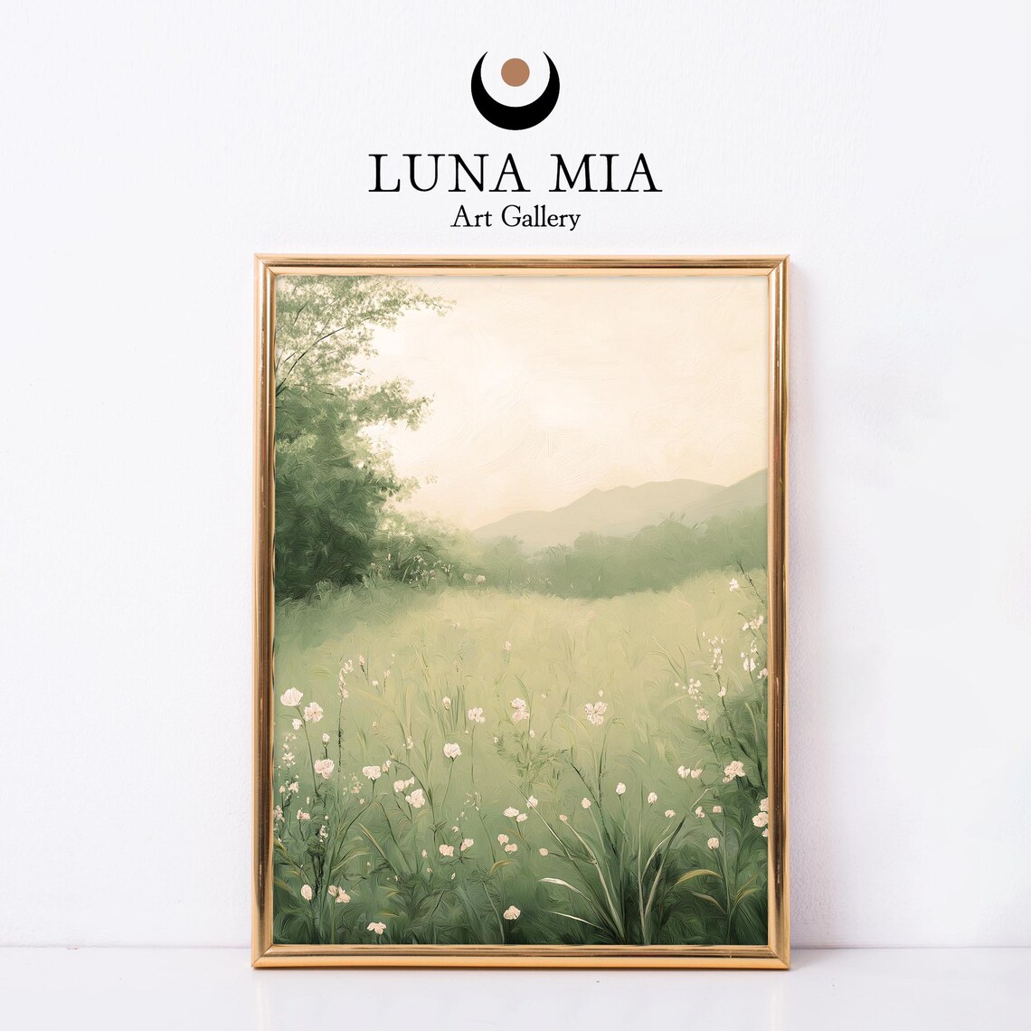 White Wildflowers In A Soft Green Field With Hazy Hills Serene Poster