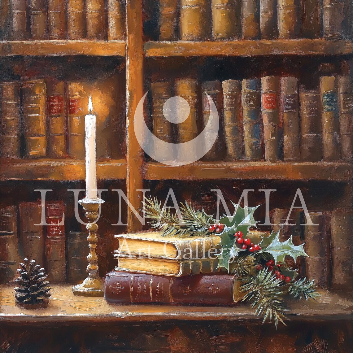 Vintage Cozy Christmas Library Bookshelf Candle Oil Painting Poster - Image 5