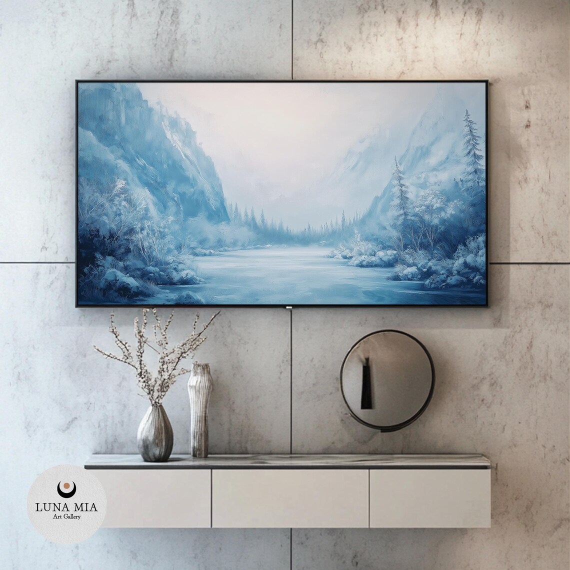 Icy Blue Mountain Valley With A Frozen River Winter Landscape Poster - Image 2