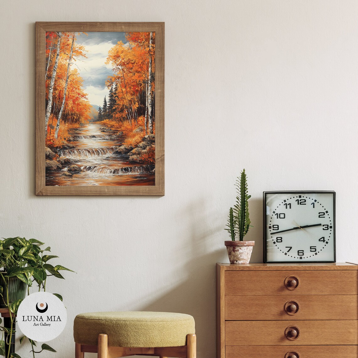 Autumn Forest Stream Waterfalls Orange Birch Oil Painting Poster - Image 3