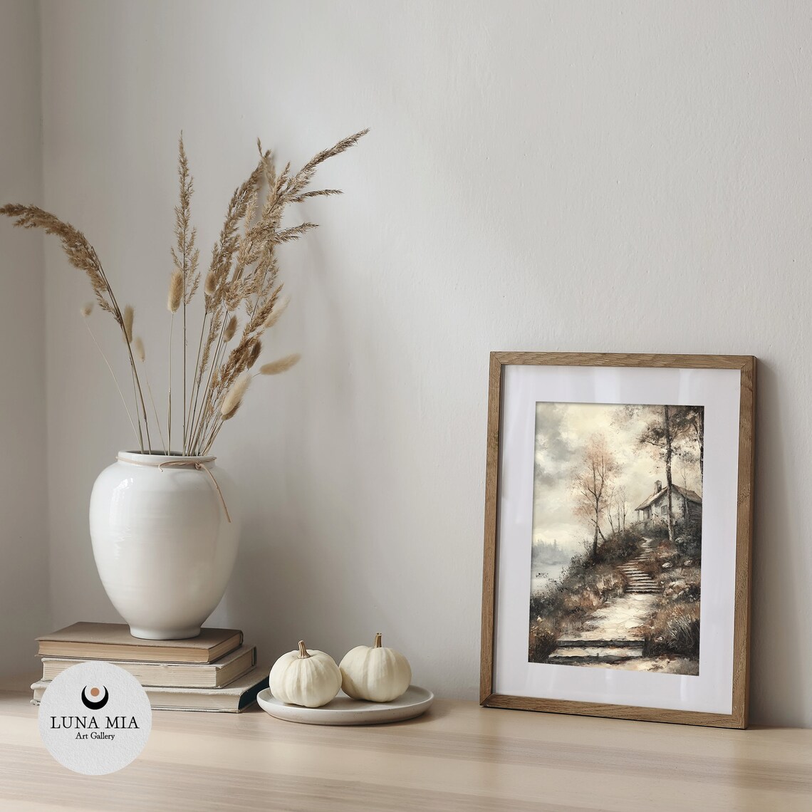 Quiet Sepia Cottage by Misty Lake With Stone Steps Art Poster - Image 5