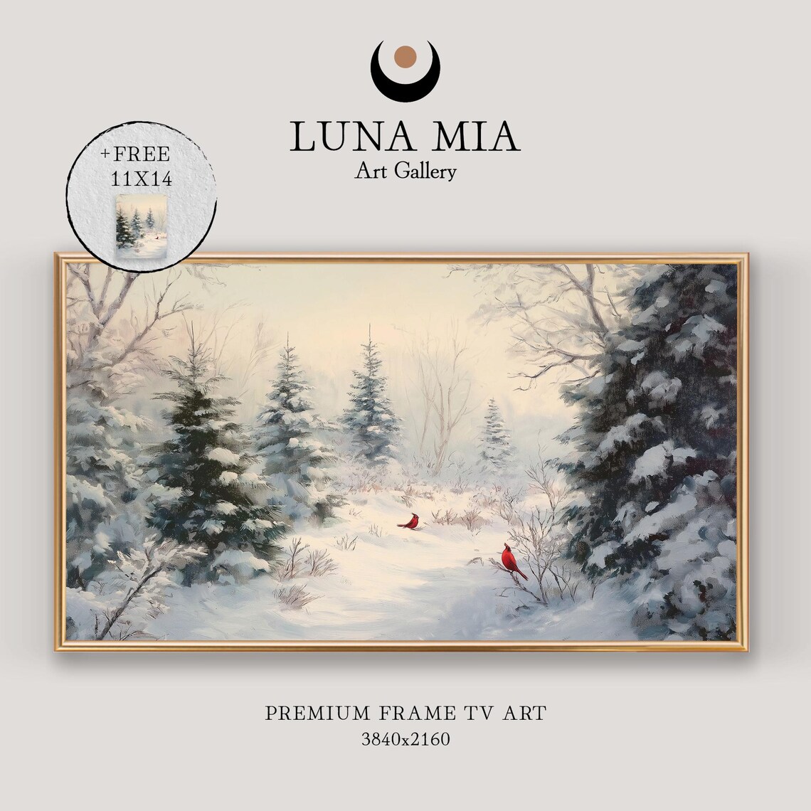 Two Red Cardinals In A Snow Covered Pine Forest Winter Painting Poster