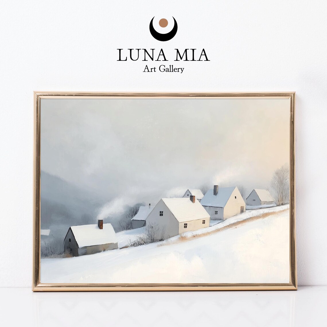 White Village Cottages in Deep Snow Minimalist Winter Art Poster
