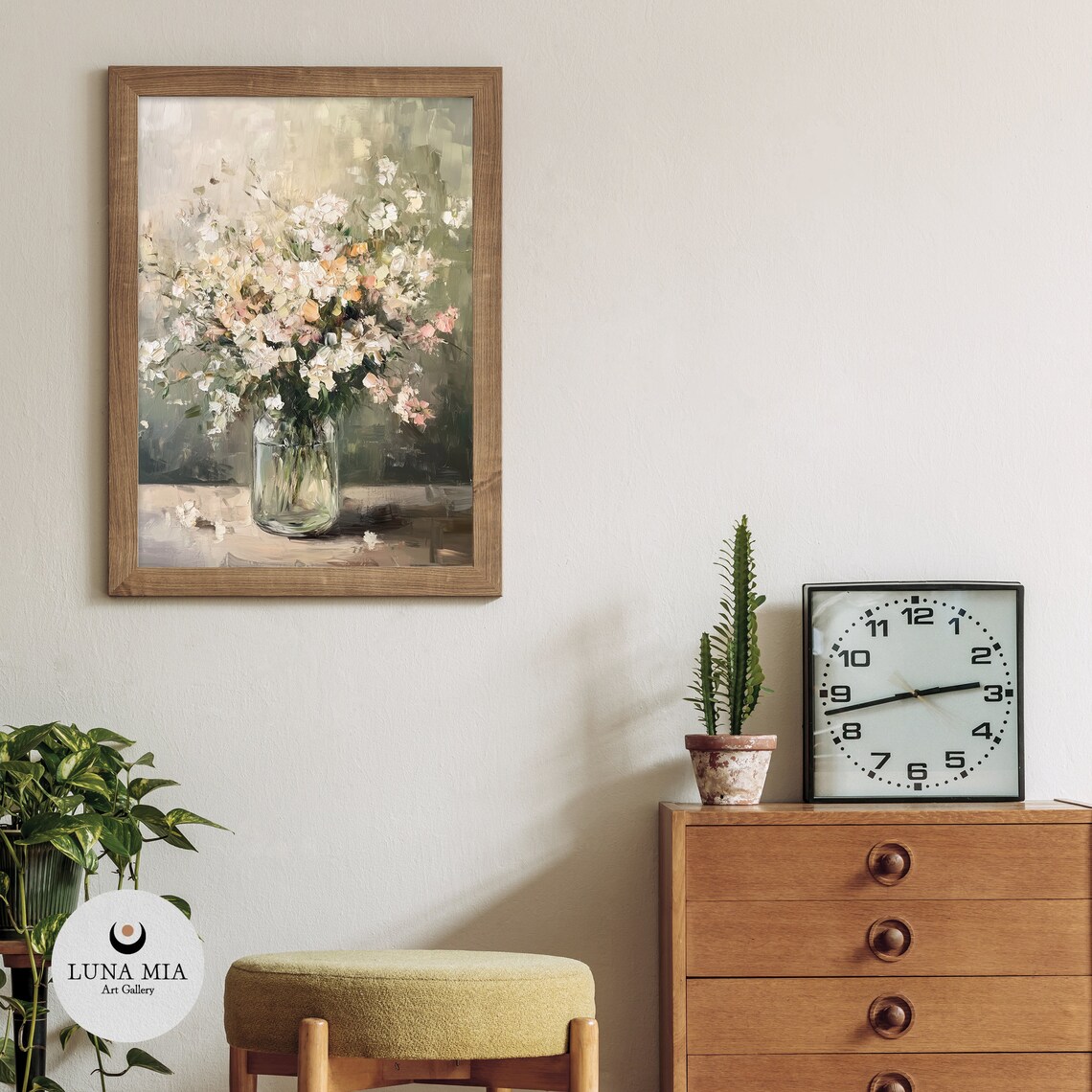 White Blossom Bouquet Glass Jar Soft Green Oil Painting Art Poster - Image 3