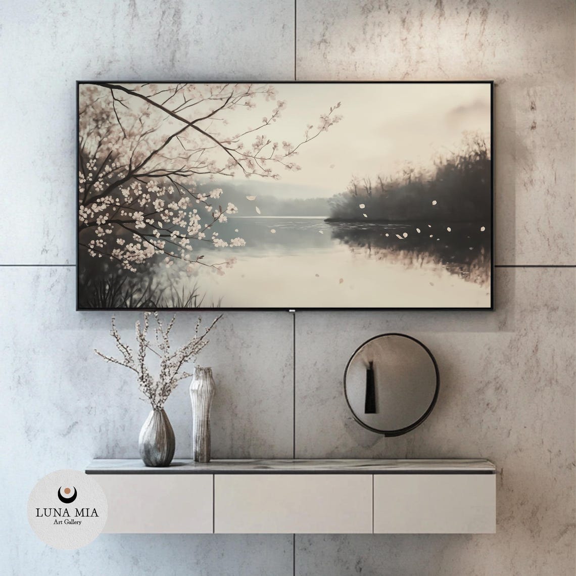 Cherry Blossom Branches Over A Misty Lake With Drifting Petals Poster - Image 2