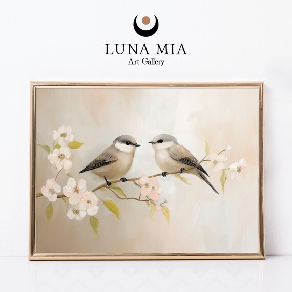 Two Songbirds on Blossoming Branch Soft Spring Bird Art Poster