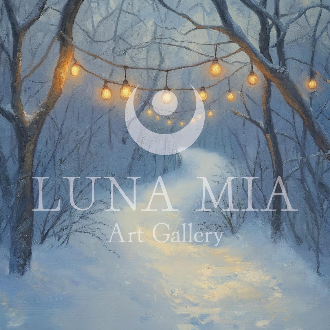 Snowy Forest Path with String Lights Enchanting Winter Night Poster - Image 5