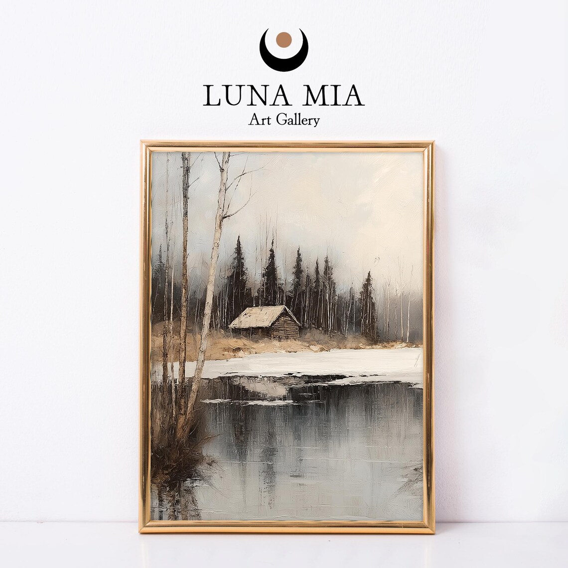 Wooden Cabin By Winter Lake With Birch Trees Oil Painting Poster