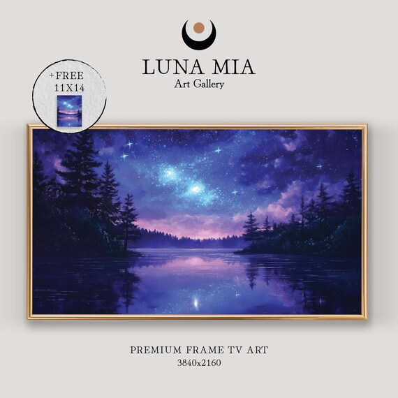 Starry Night Sky Oil Painting For Frame Tv Mystical Trees In Black Purple Home Decor Art