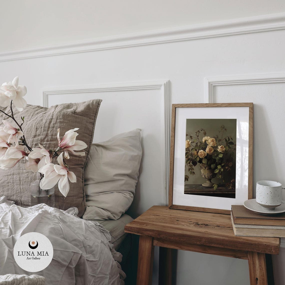 Cream Roses In A Classical Stone Urn On Dark Moody Still Life Poster - Image 2
