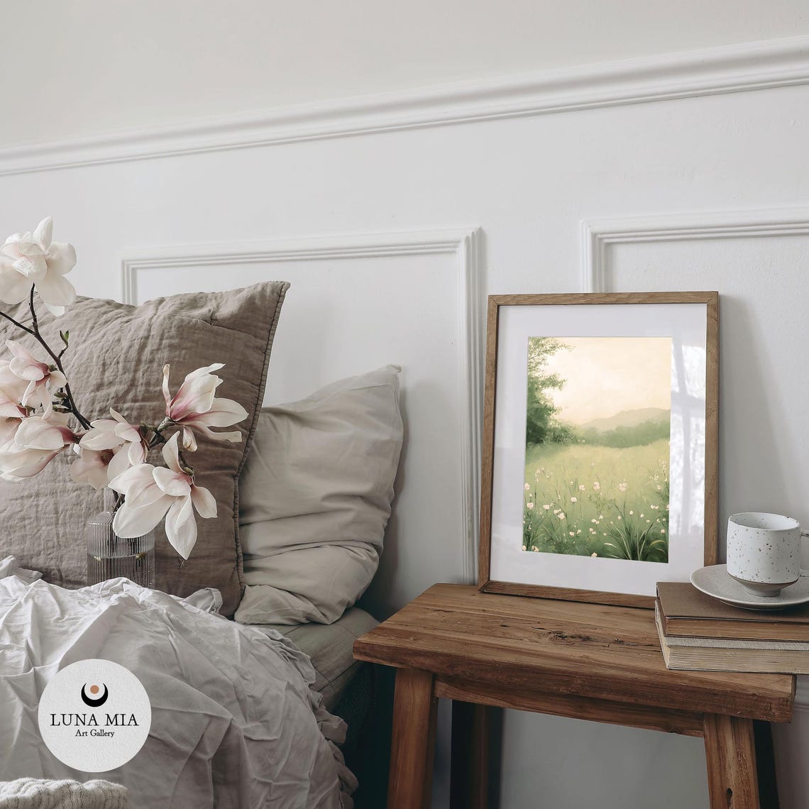 White Wildflowers In A Soft Green Field With Hazy Hills Serene Poster - Image 2