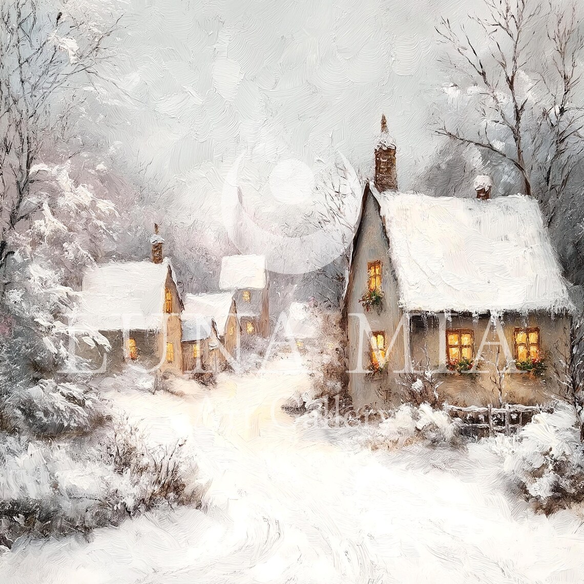 Snowy Village Cottages With Warm Glowing Windows Soft Winter Scene Poster - Image 5