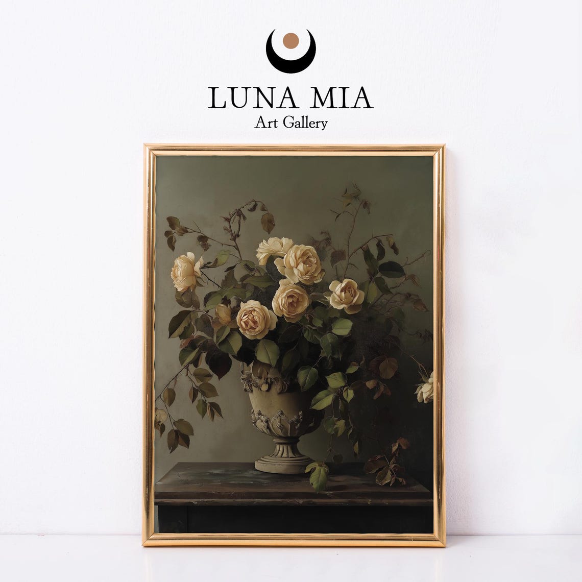 Cream Roses In A Classical Stone Urn On Dark Moody Still Life Poster