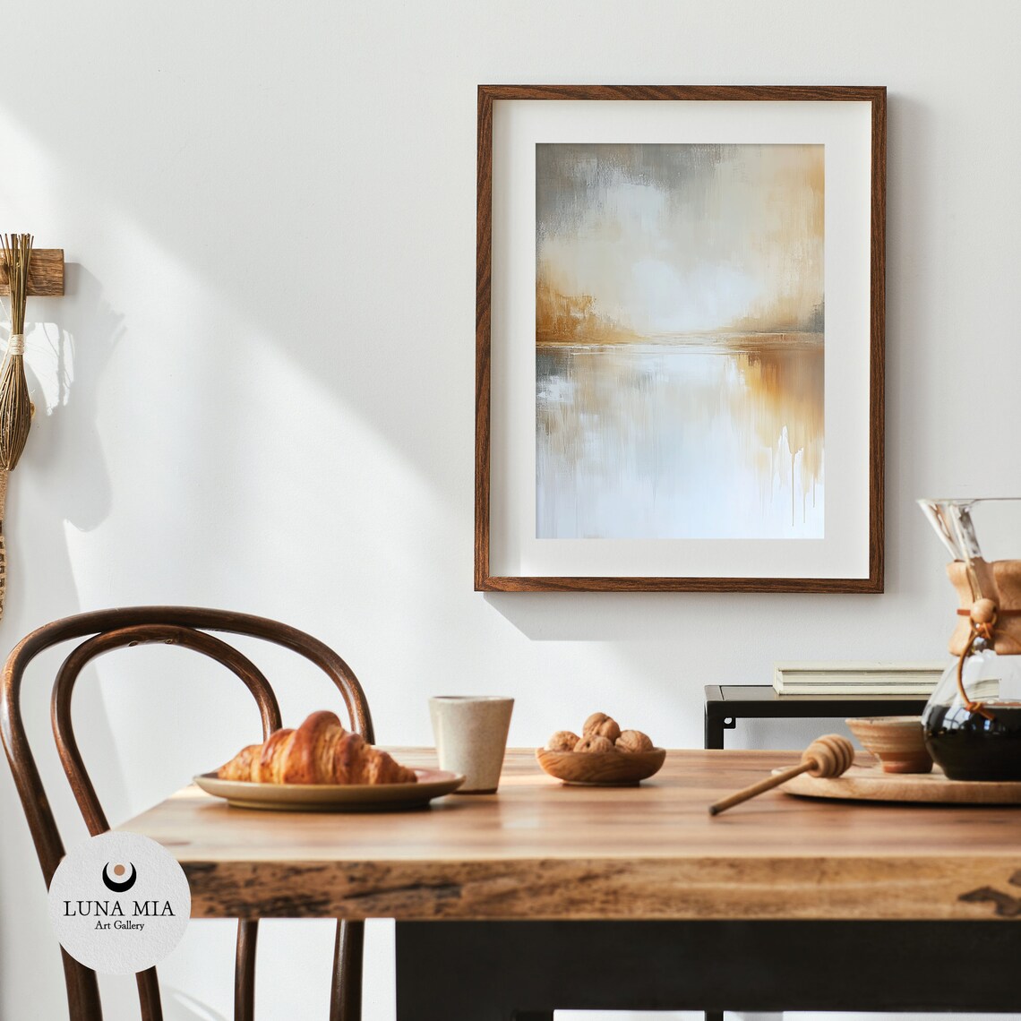 Serene Misty Gold and Gray Abstract Lake Landscape Art Poster - Image 4