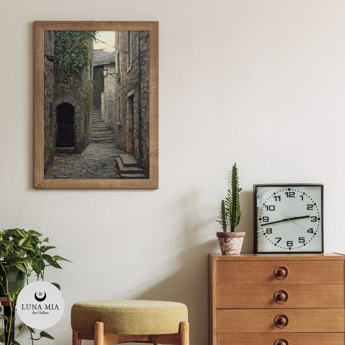 Old Ancient Stone Village Street With Steps in Warm Light Poster - Image 3