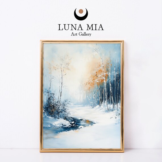 Serene Snowy Winter Forest Stream in Blue and White Art Poster