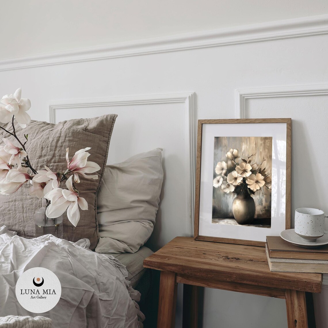 Elegant Cream White Flowers In Vase Moody Neutral Oil Painting Poster - Image 2